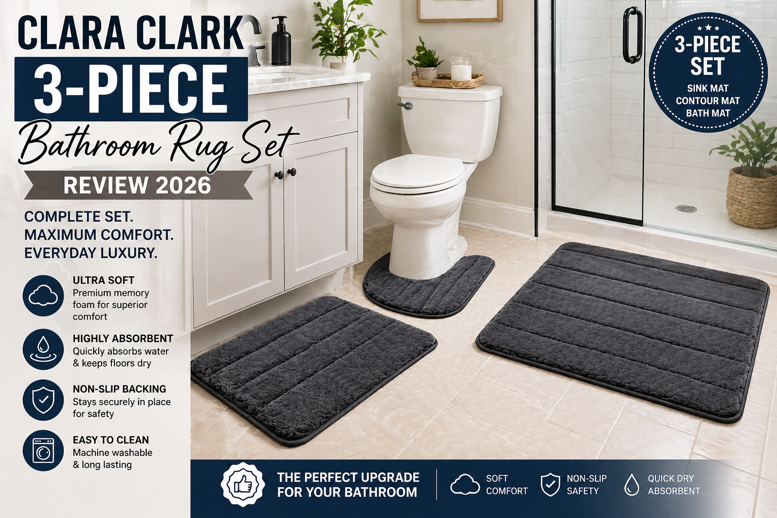 Clara Clark 3 piece bathroom rug set with memory foam mats placed around toilet, sink, and shower in a modern bathroom