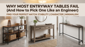 Featured image for blog post showing a comparison of three distinct entryway tables: a rustic wood console, an industrial 3-tier table, and a thin minimalist desk. The tables are styled with home decor. A large text overlay reads 'Why Most Entryway Tables Fail (And How to Pick One Like an Engineer)'. SmartDealFinds branding is visible