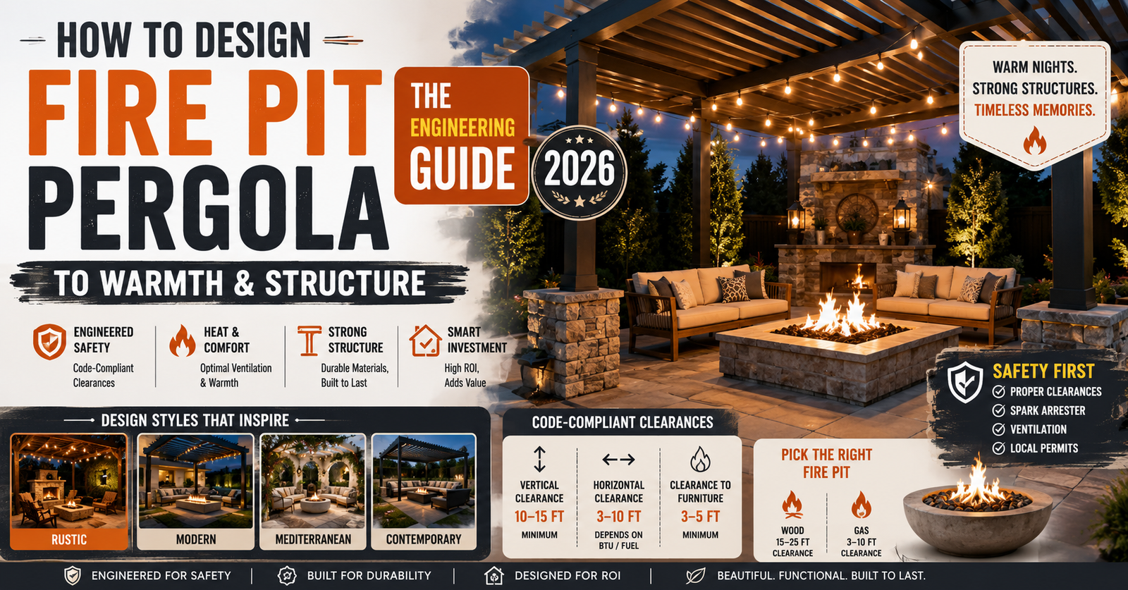 Modern backyard fire pit pergola with outdoor seating, string lights, and engineering safety design guide for 2026