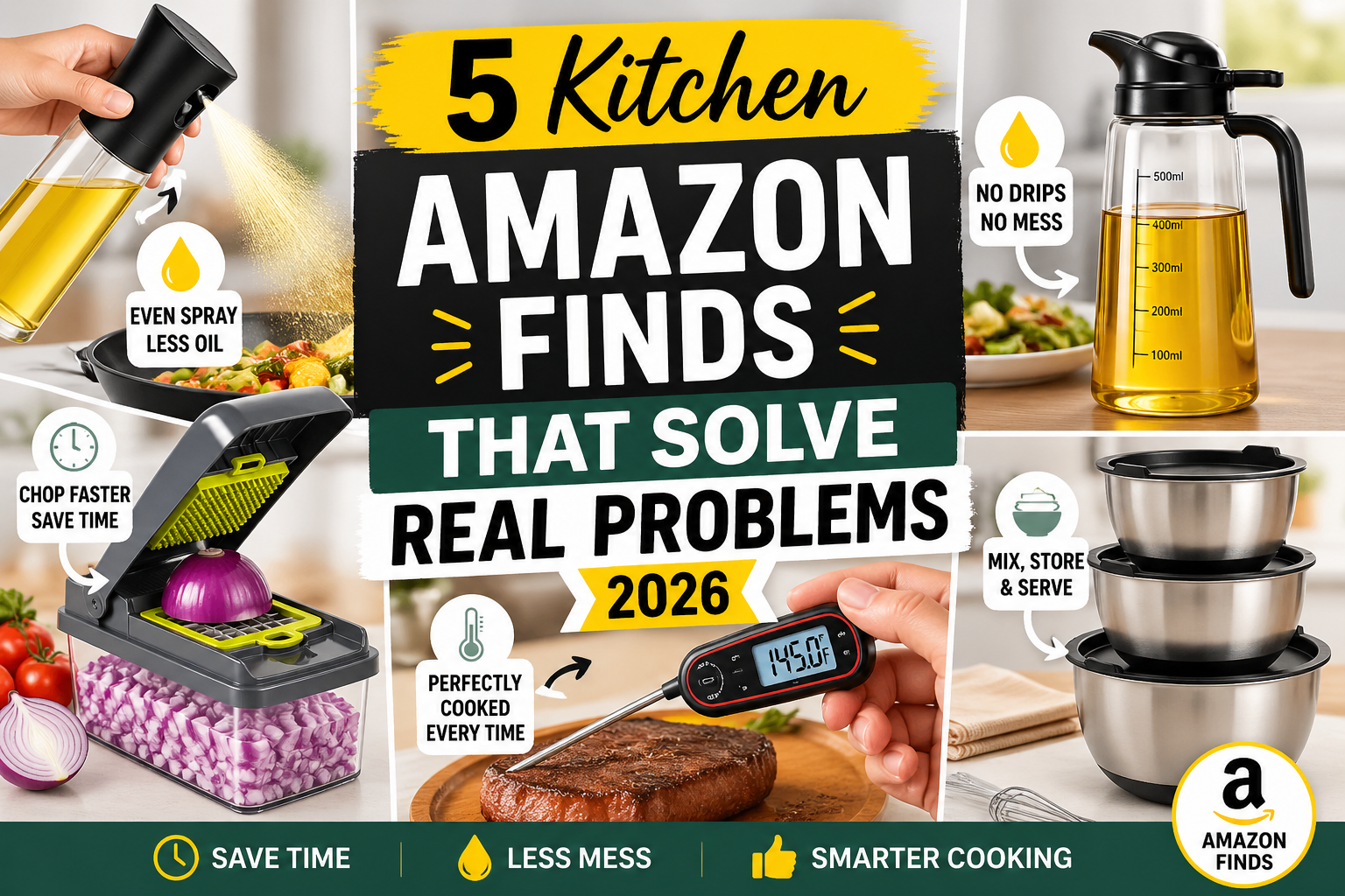 5 kitchen Amazon finds that solve real problems in 2026 including oil sprayer vegetable chopper meat thermometer oil dispenser and mixing bowls in a modern kitchen