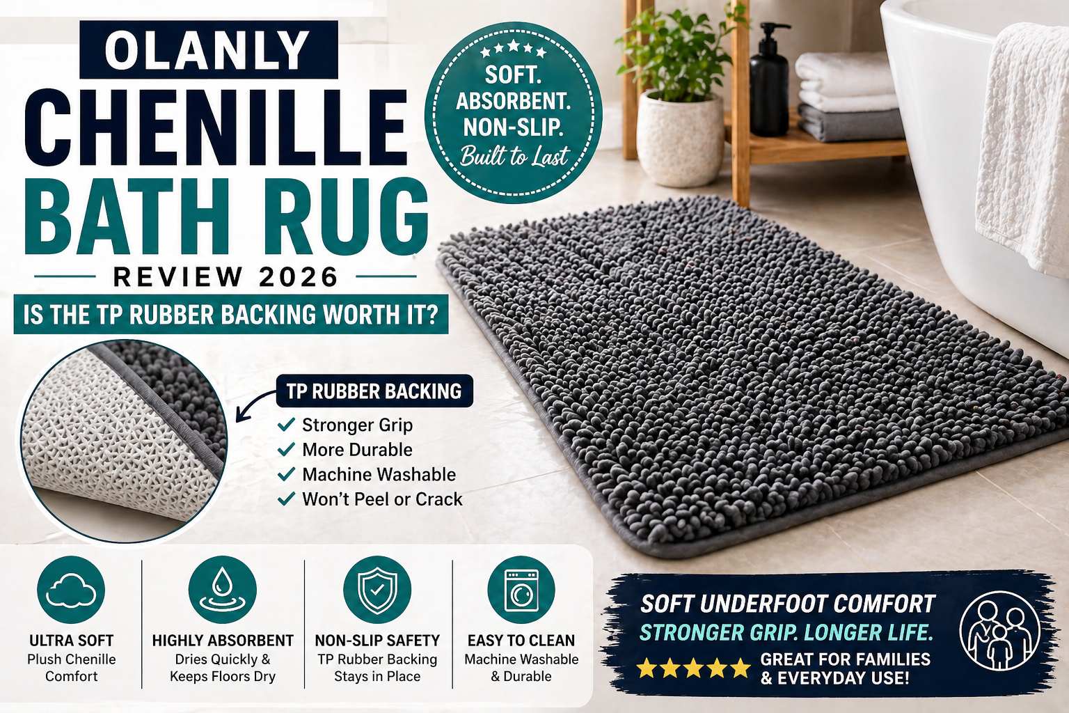 Olanly chenille bath rug with TP rubber backing placed in a modern bathroom showing soft texture and non-slip absorbent design