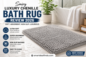 Smiry luxury chenille bath rug placed in a modern bathroom, showing soft plush texture and high water absorbency
