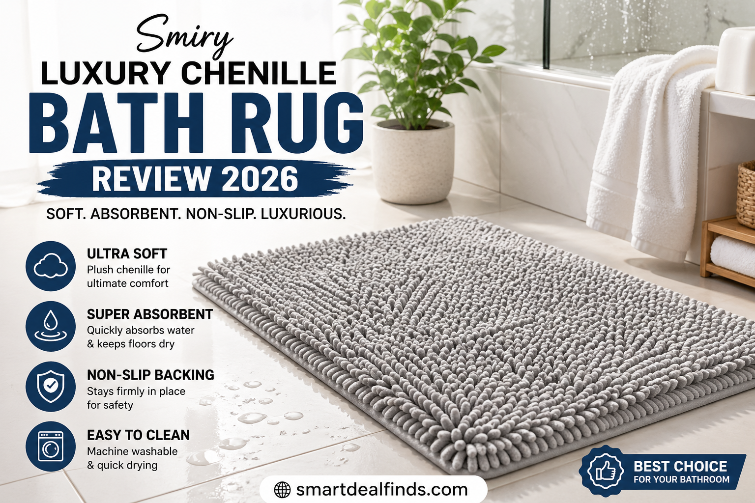 Smiry luxury chenille bath rug placed in a modern bathroom, showing soft plush texture and high water absorbency