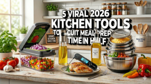 5 viral 2026 kitchen gadgets including a vegetable chopper, oil sprayer, and meat thermometer on a clean kitchen counter for fast meal prep.