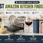 5 best Amazon kitchen finds 2026 including rotary cheese grater, dish drying rack, insulated can cooler, mom wine glass, and coffee mug reviewed by an engineer