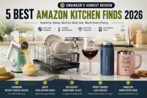 5 best Amazon kitchen finds 2026 including rotary cheese grater, dish drying rack, insulated can cooler, mom wine glass, and coffee mug reviewed by an engineer