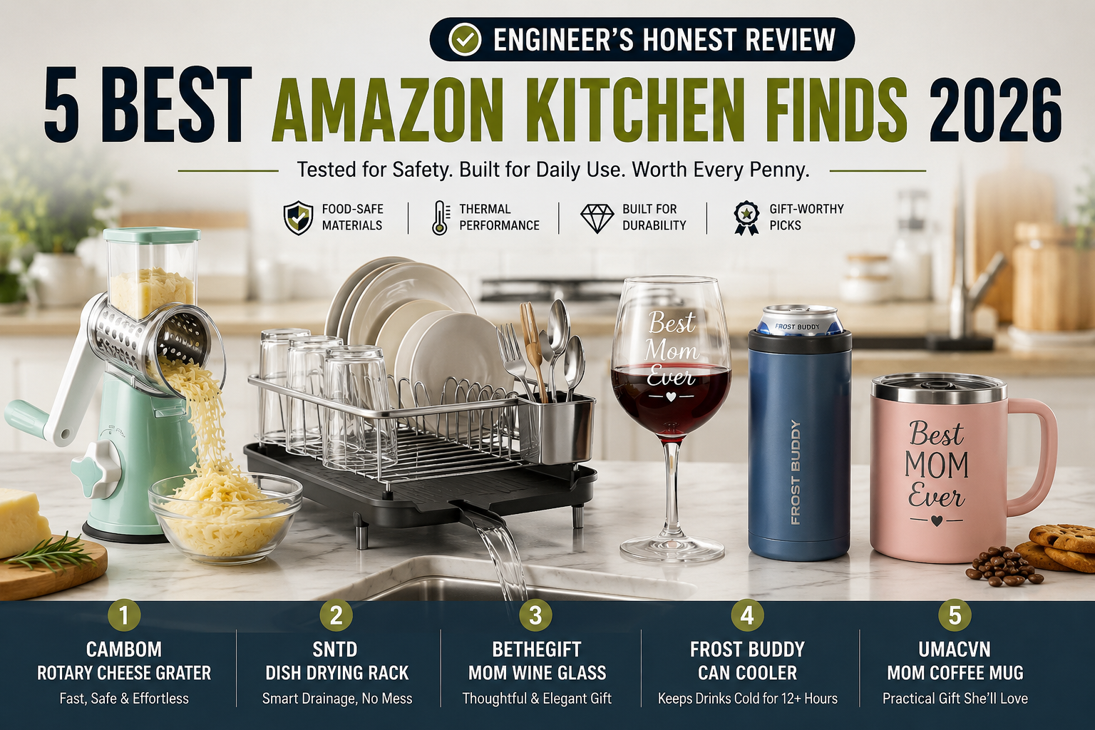5 best Amazon kitchen finds 2026 including rotary cheese grater, dish drying rack, insulated can cooler, mom wine glass, and coffee mug reviewed by an engineer