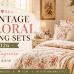 Cozy vintage floral bedding set in a cottagecore-style bedroom with soft pink floral comforter and elegant farmhouse decor