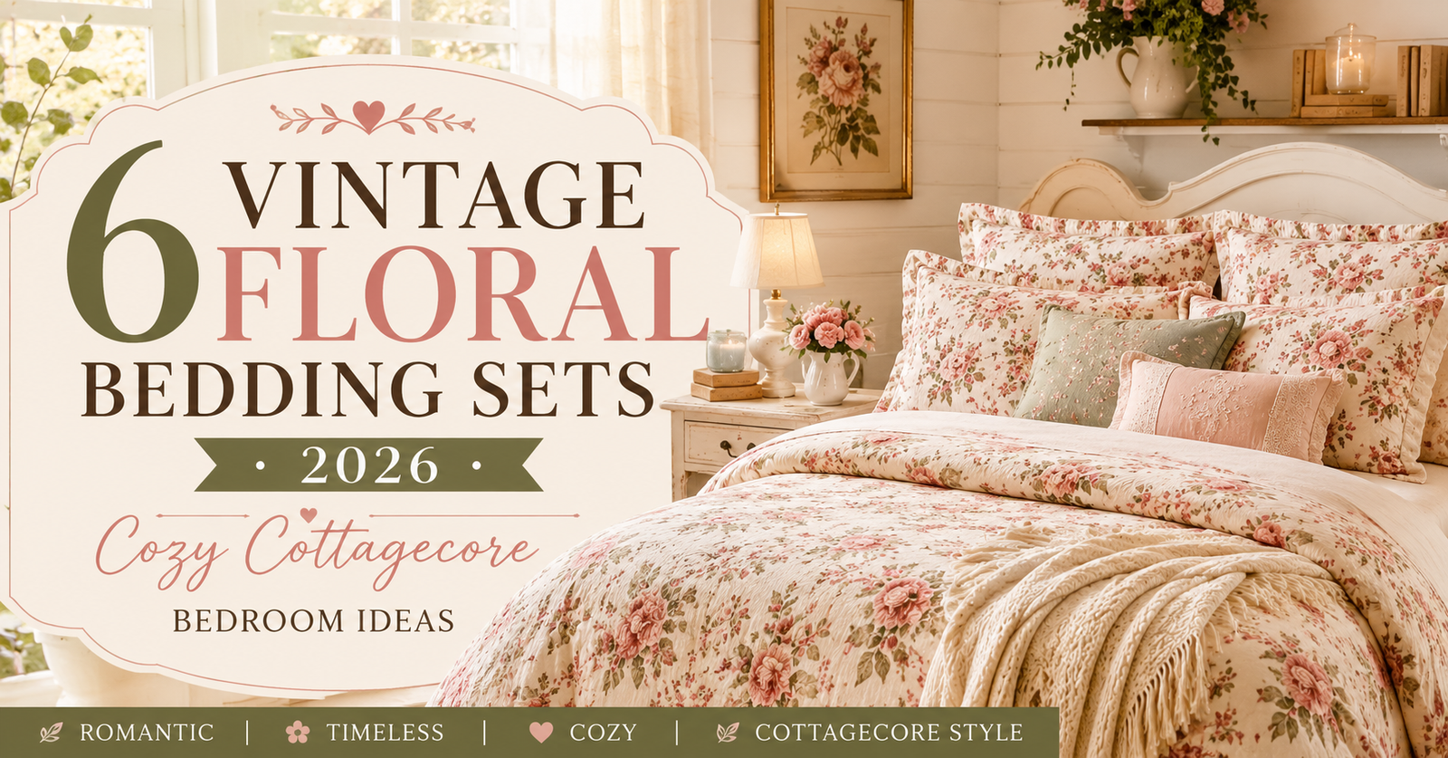 Cozy vintage floral bedding set in a cottagecore-style bedroom with soft pink floral comforter and elegant farmhouse decor