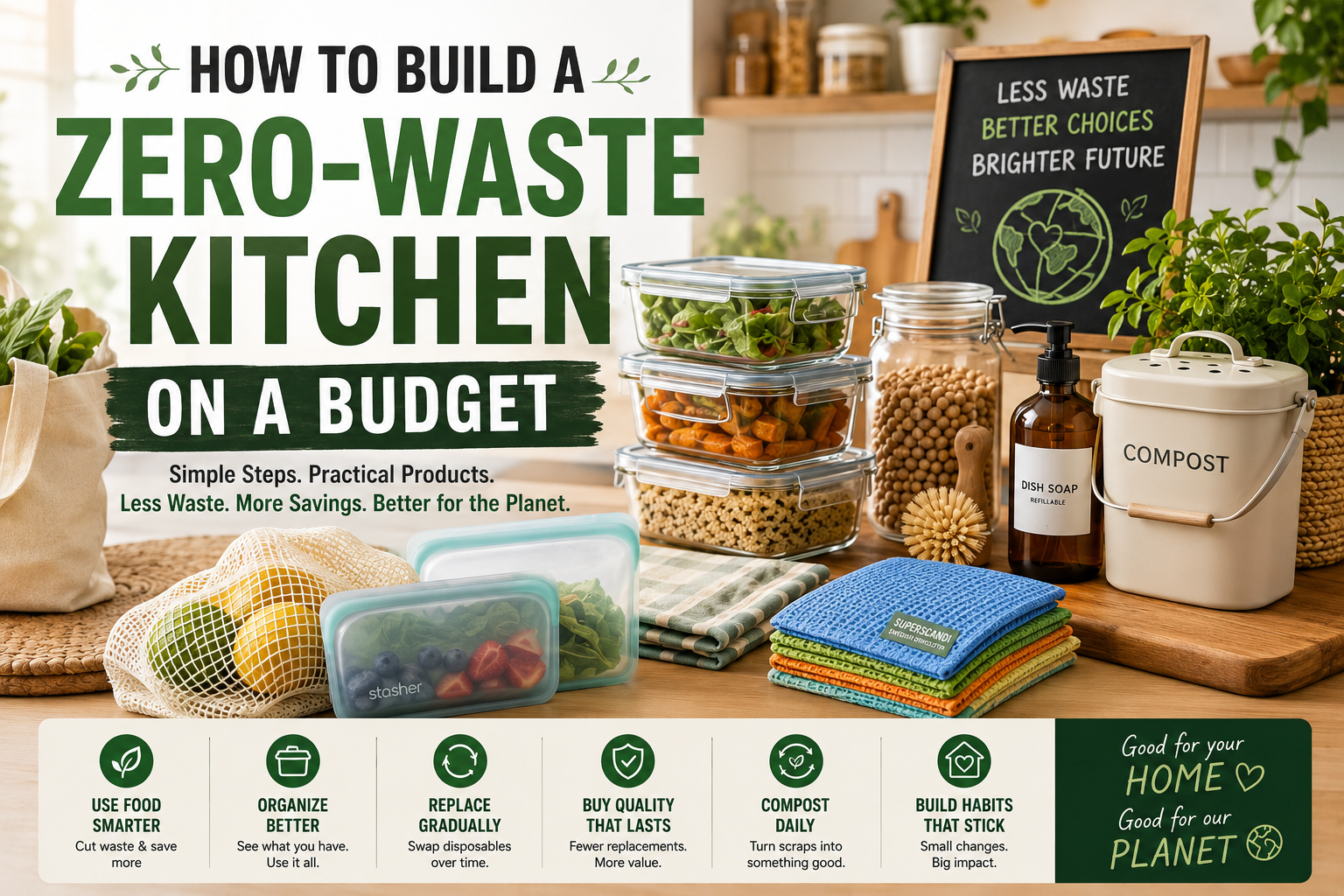 Zero-waste kitchen on a budget with organized pantry, glass meal prep containers, reusable kitchen products, and sustainable food storage ideas