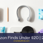 Six Amazon products under 20 dollars including a Bluetooth speaker, neck fan, lip liner, flushable wipes, motorized turntable and cooling eye mask on a white background