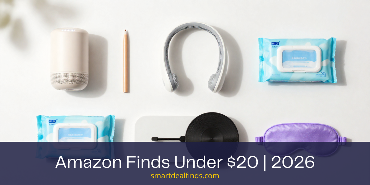 Six Amazon products under 20 dollars including a Bluetooth speaker, neck fan, lip liner, flushable wipes, motorized turntable and cooling eye mask on a white background