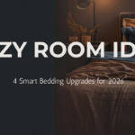 A beautifully styled aesthetic cozy bedroom featuring layered terracotta bedding, plush pillows, and warm ambient lighting for a small apartment.