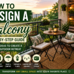 Small balcony design featuring space-saving furniture, privacy screens, plants, lighting, and storage solutions for creating a stylish outdoor retreat.