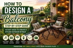 Small balcony design featuring space-saving furniture, privacy screens, plants, lighting, and storage solutions for creating a stylish outdoor retreat.