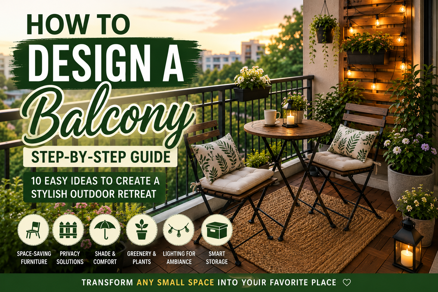 Small balcony design featuring space-saving furniture, privacy screens, plants, lighting, and storage solutions for creating a stylish outdoor retreat.