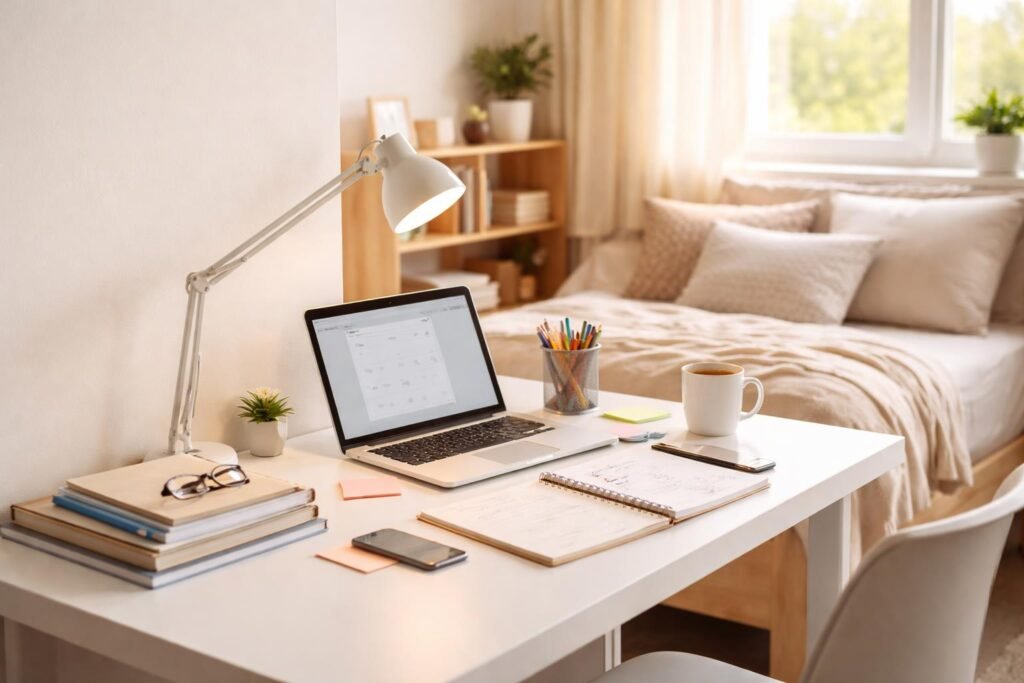 A bright and modern college dorm workspace with a minimalist white desk, an adjustable LED desk lamp casting warm light over an open laptop, textbooks, notebooks, colorful pens, and a coffee mug. The room features neutral colors with soft beige, white, and light wood accents, cozy bedding in the background, a small indoor plant, and natural sunlight from a window. Clean, organized, realistic photography style, high-end interior design, ultra-detailed, inviting student workspace, plenty of negative space on the left for blog title text, 169 aspect ratio, high resolution.