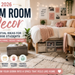Modern 2026 college dorm room featuring a Twin XL bed, study desk, rolling storage cart, under-bed organizers, desk lamp, cozy decor, plants, and fairy lights for stylish small-space living.