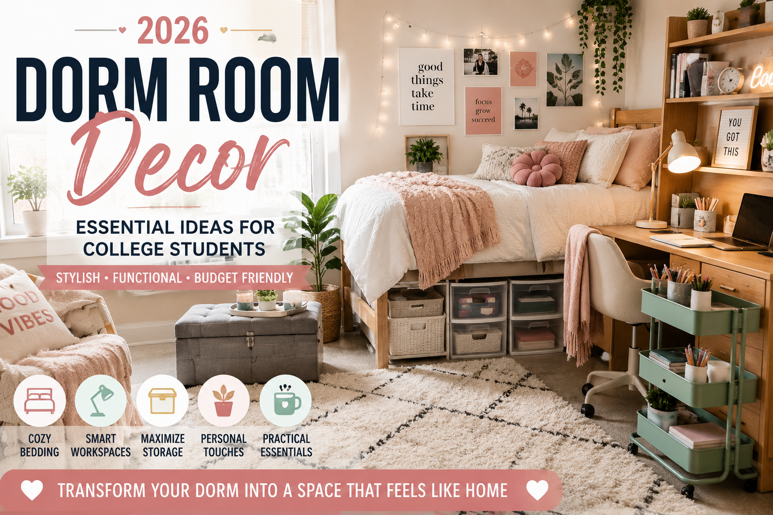 Modern 2026 college dorm room featuring a Twin XL bed, study desk, rolling storage cart, under-bed organizers, desk lamp, cozy decor, plants, and fairy lights for stylish small-space living.