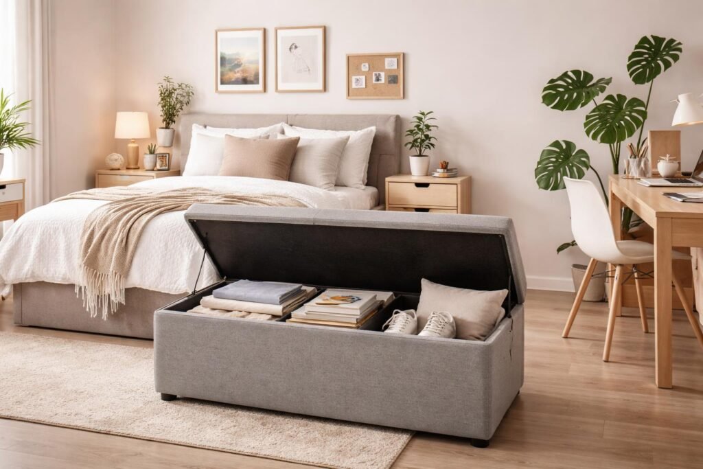 A modern college dorm room featuring a stylish gray storage ottoman at the foot of the bed with the lid open, neatly storing blankets, books, shoes, and extra pillows. The room includes cozy bedding, a study desk, wall art, indoor plants, neutral beige and white color palette, warm natural lighting, minimalist Scandinavian decor, clean and clutter-free appearance, realistic interior photography, premium lifestyle aesthetic, ultra-detailed, high resolution, with negative space at the top for blog title, 16:9 aspect ratio.