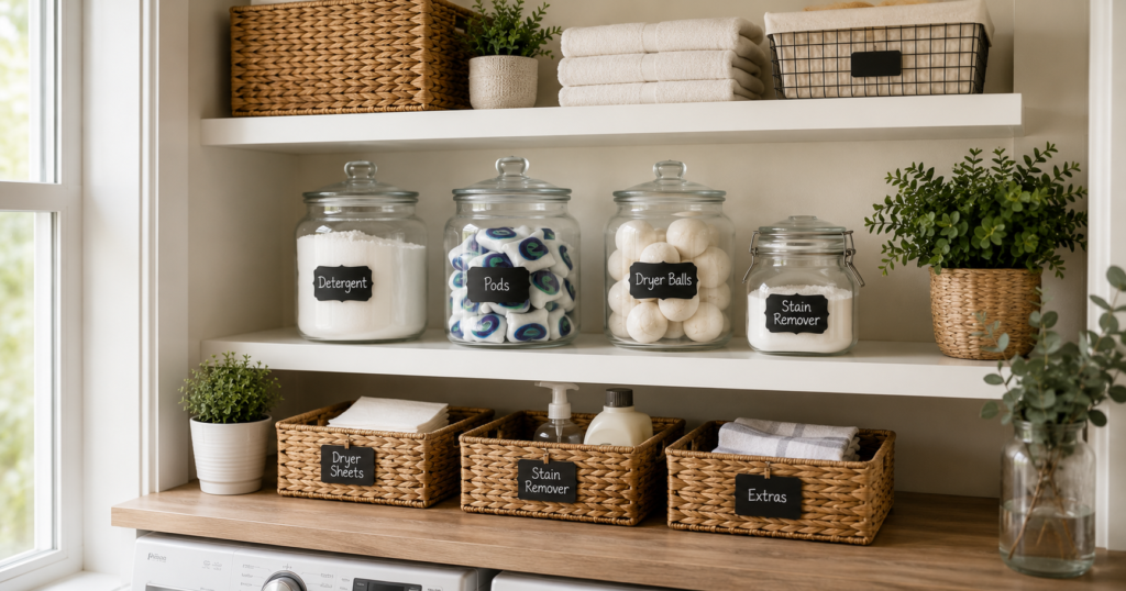 laundry room designs with labeled storage bins