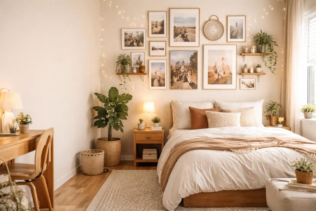 A cozy modern college dorm room featuring a stunning gallery wall above a neatly made bed with framed art prints, travel photos, inspirational quotes, fairy lights, decorative mirrors, and small wall shelves. The room includes soft neutral bedding, a plush area rug, indoor plants, wooden furniture, warm natural sunlight, minimalist boho style, clean and organized aesthetic, realistic interior photography, premium lifestyle magazine quality, ultra-detailed, high resolution, with negative space on the left for blog title, 16:9 aspect ratio.