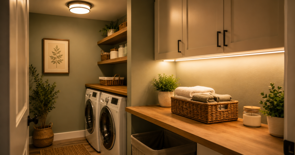 laundry room designs with layered lighting
