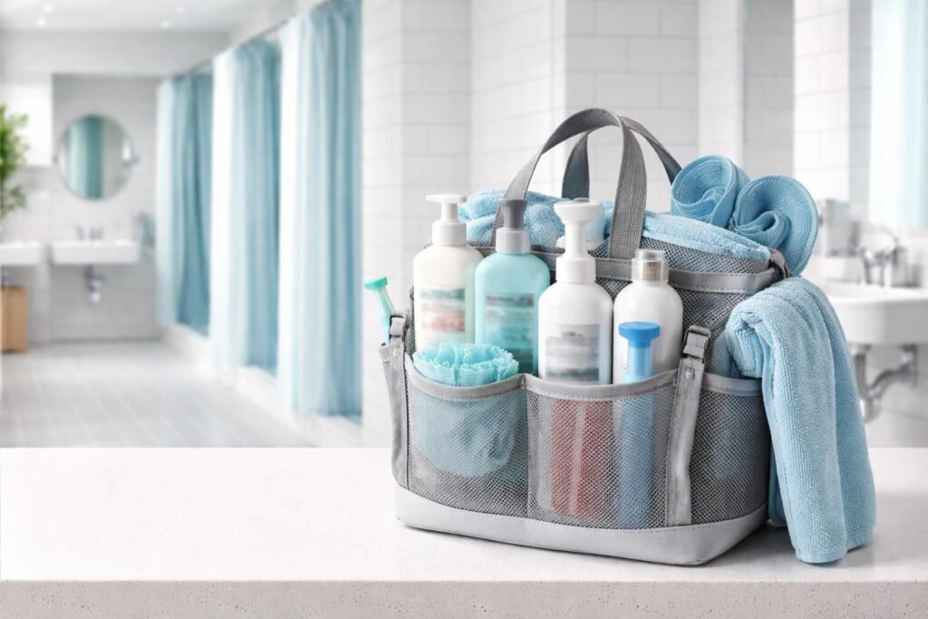 A modern college dorm bathroom setup featuring a stylish portable shower caddy filled with shampoo, conditioner, body wash, face cleanser, toothbrush, toothpaste, razor, loofah, flip-flops, and a microfiber towel. Bright, clean communal dorm bathroom with minimalist design, fresh white and blue color palette, realistic lifestyle photography, premium home organization aesthetic, ultra-detailed, high resolution, natural lighting, with empty space on the left for blog title, 16:9 aspect ratio.