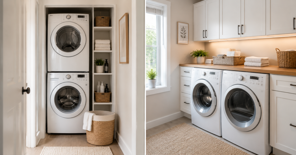 laundry room designs stacked vs side-by-side washer dryer