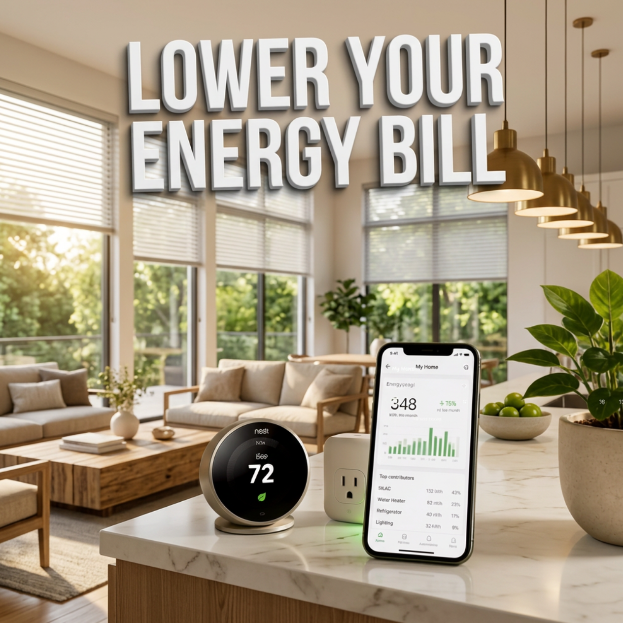 Best smart home devices to lower your energy bill arranged on a modern kitchen counter