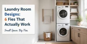 Laundry room designs featured image showing an organized small laundry room with storage shelves