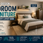 Bedroom furniture design layout guide showing bed clearance, furniture placement, storage, and safety tips