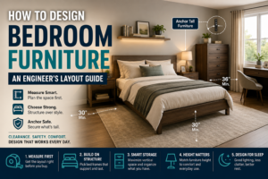 Bedroom furniture design layout guide showing bed clearance, furniture placement, storage, and safety tips