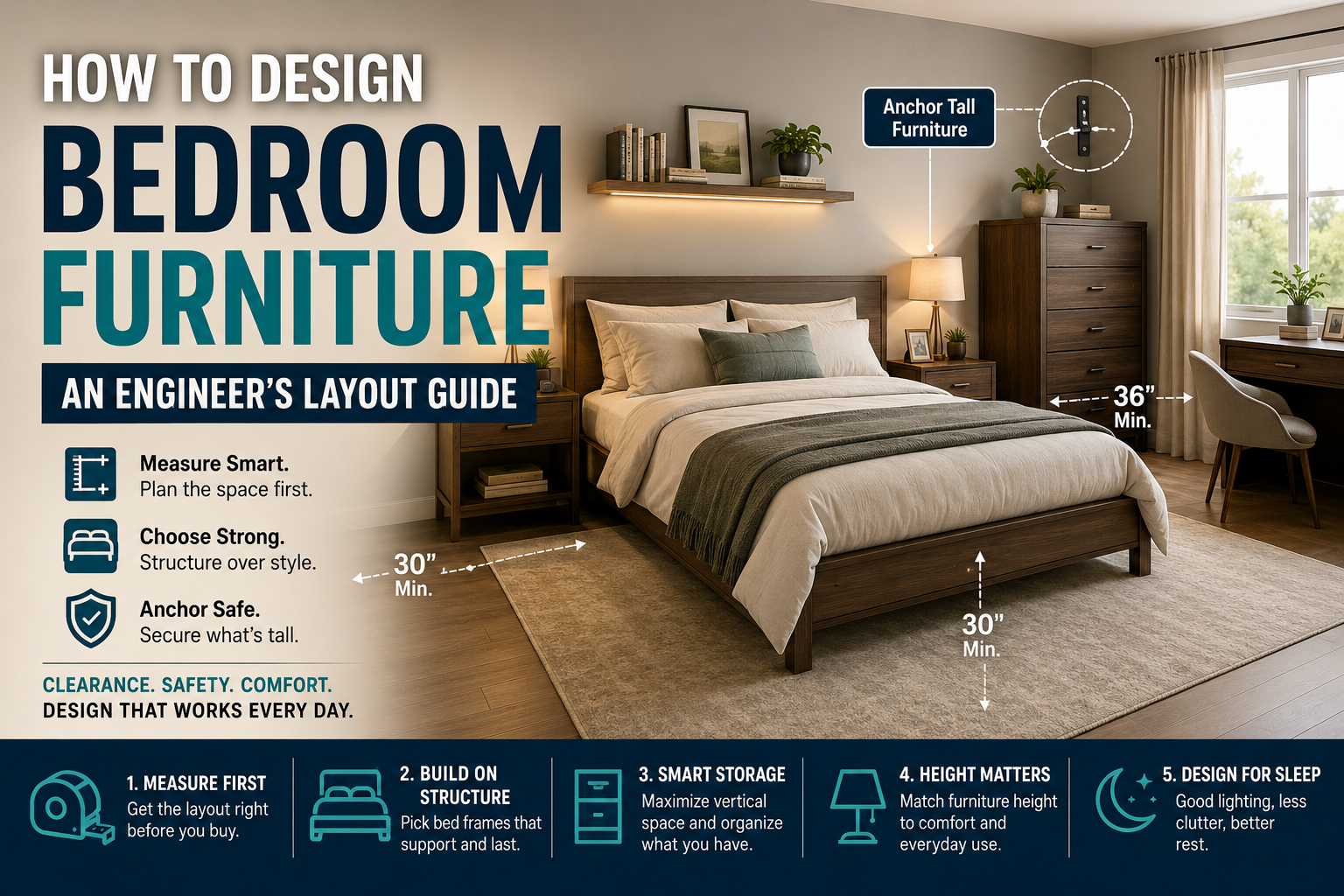 Bedroom furniture design layout guide showing bed clearance, furniture placement, storage, and safety tips